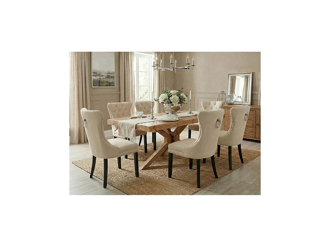 Set van 2 REGINA beige linnen gestoffeerde stoelen - Zilveren ring, decoratieve nagels en zwarte houten poten van rubberhout