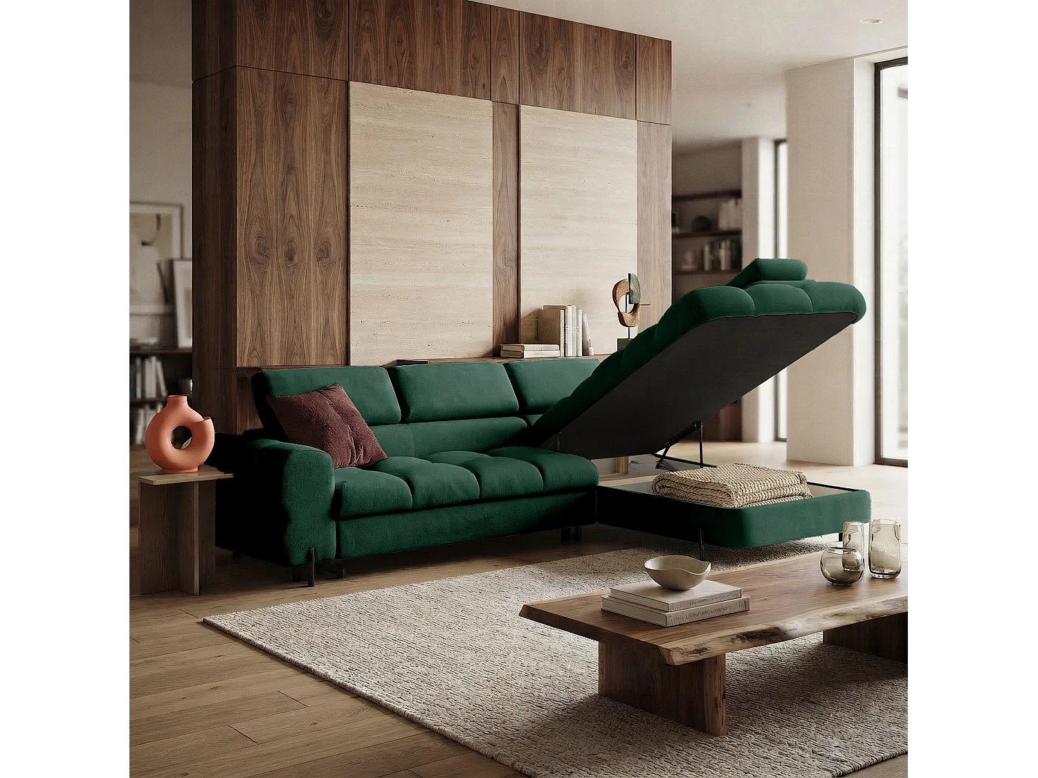 Canapé d'angle BOWL L Droite avec fonction couchage 125x195 Velours Vert