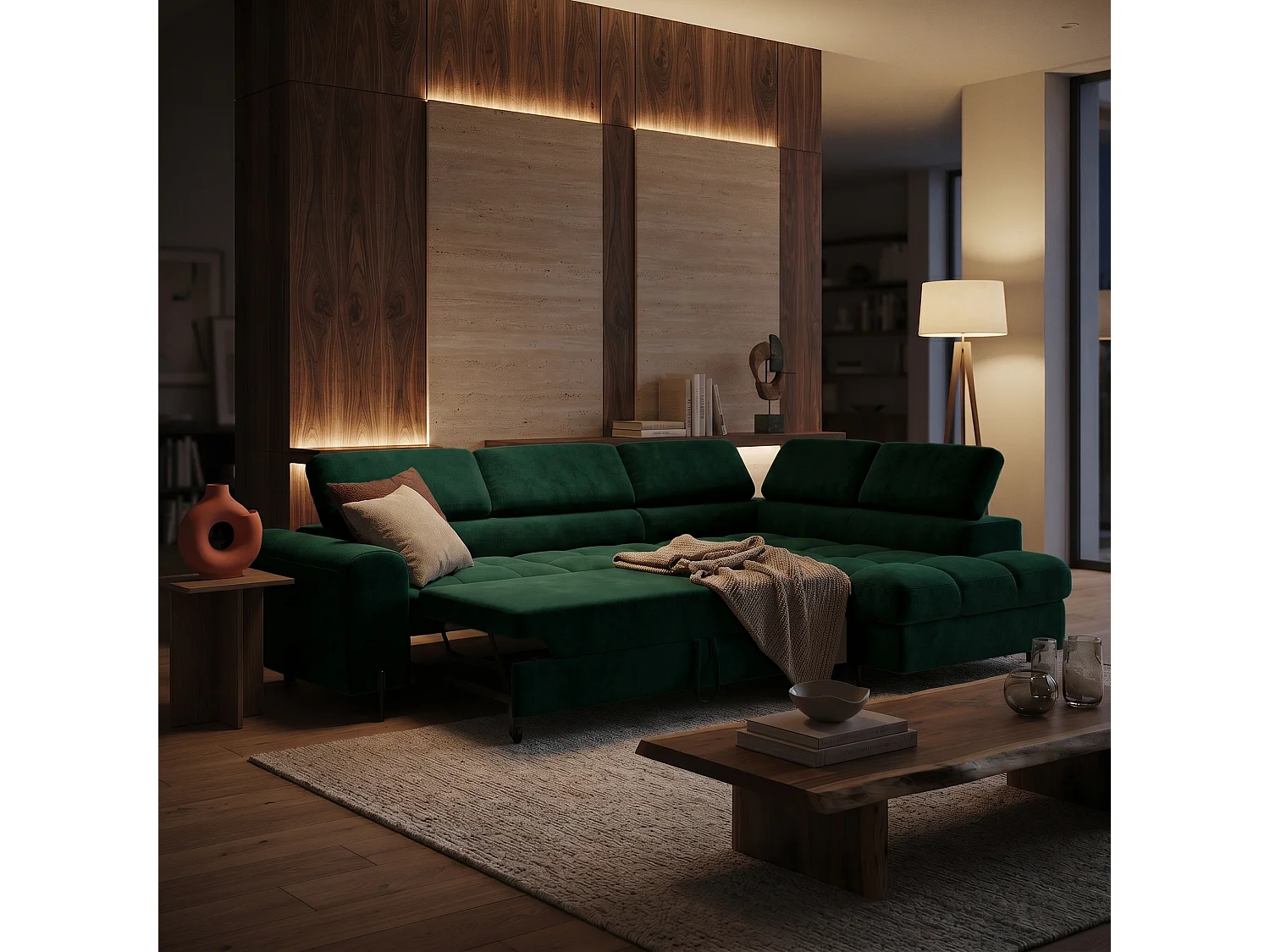 Canapé d'angle BOWL L Droite avec fonction couchage 125x195 Velours Vert