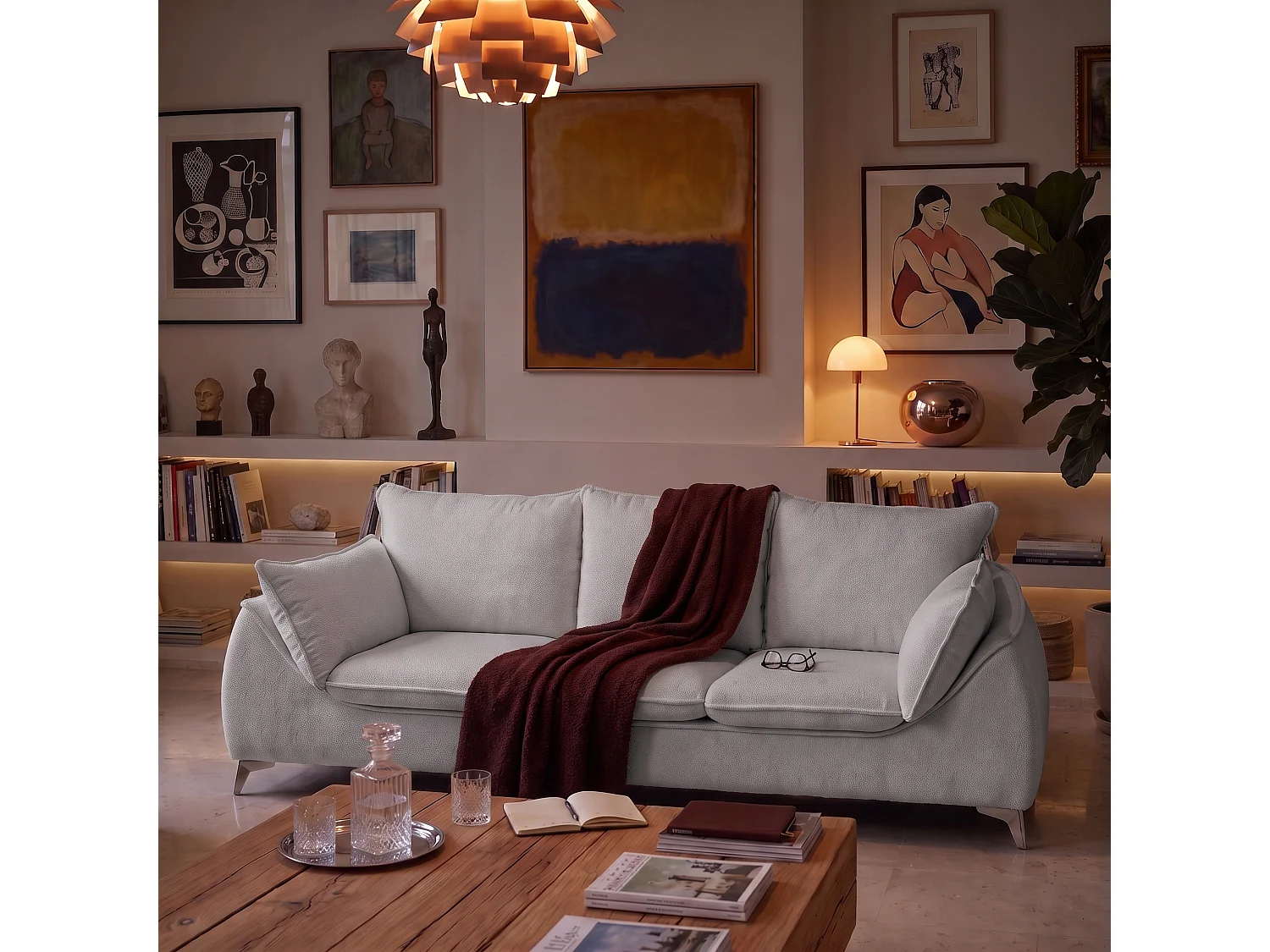 Canapé 3 places MELANI 252 cm en velours gris clair