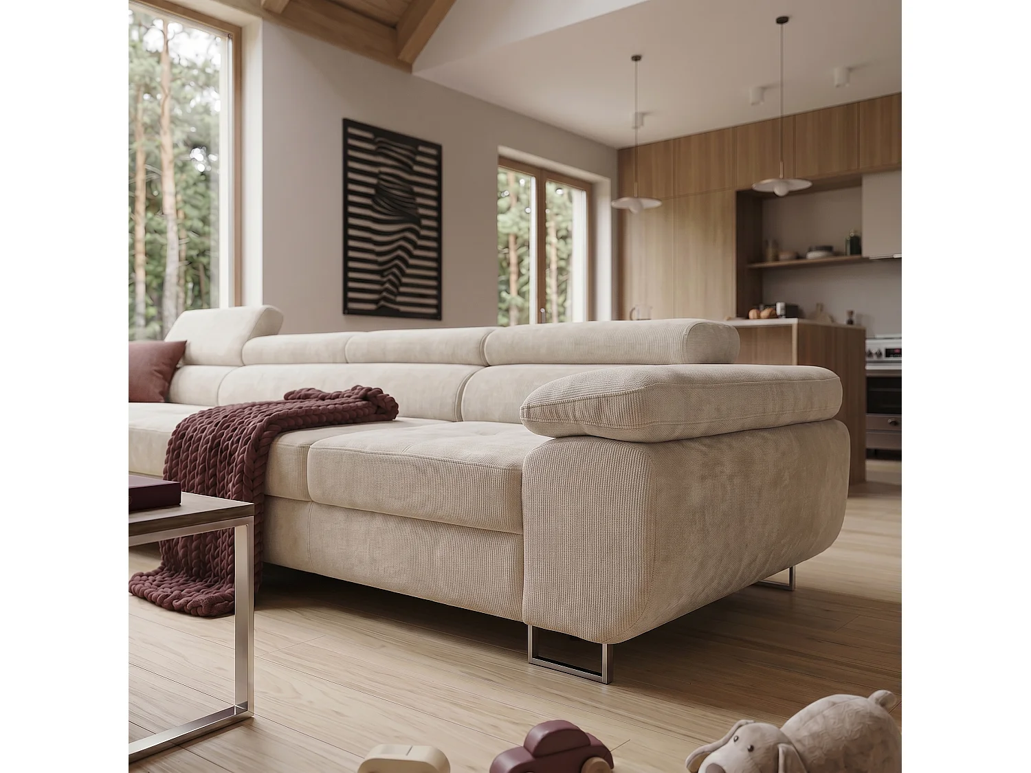 Canapé d'angle ALONZO MAXI Gauche avec fonction couchage 128x210 Chenille Beige