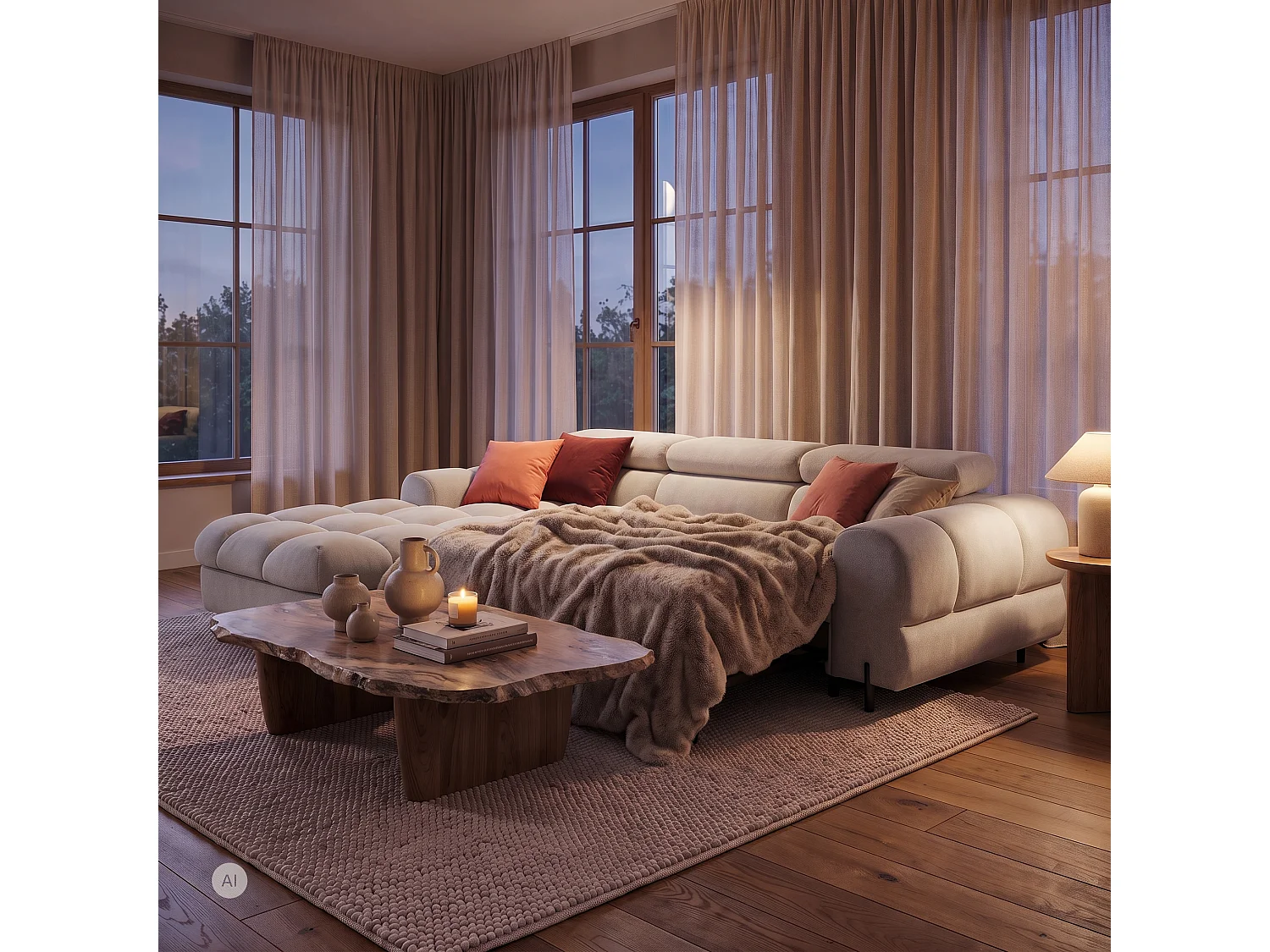 Canapé d’angle UFFO L gauche convertible 260 × 195 cm en velours creme