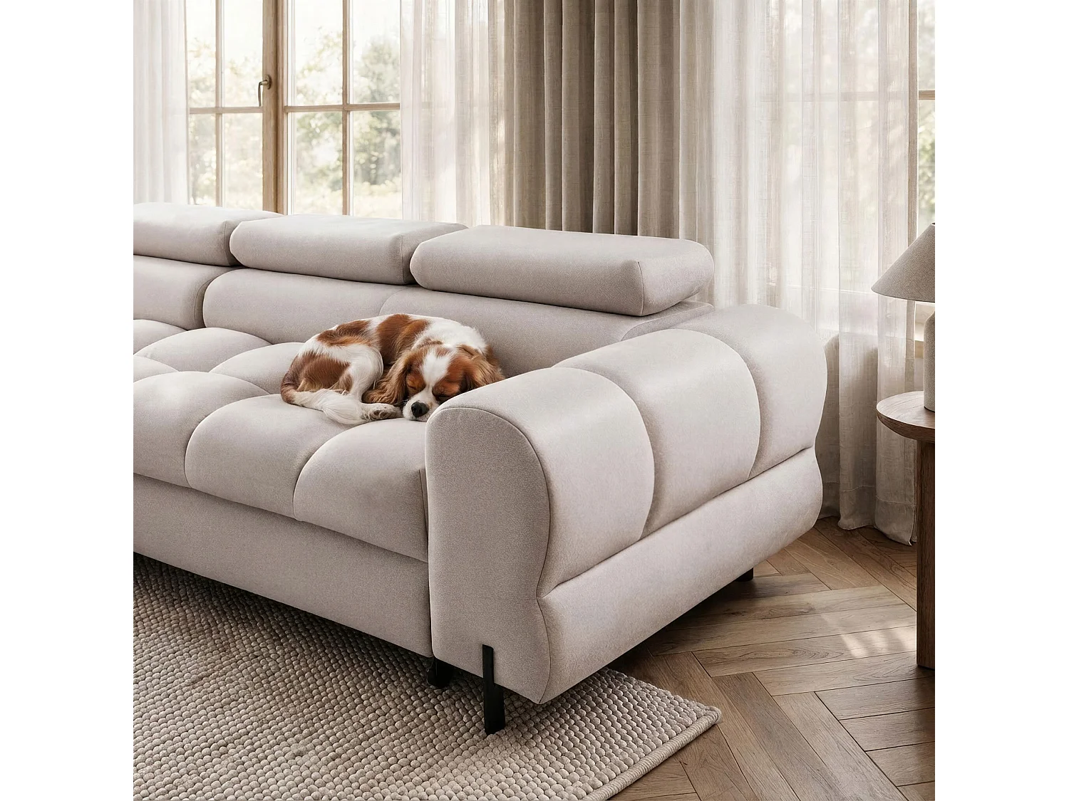 Canapé d’angle UFFO L gauche convertible 260 × 195 cm en velours creme