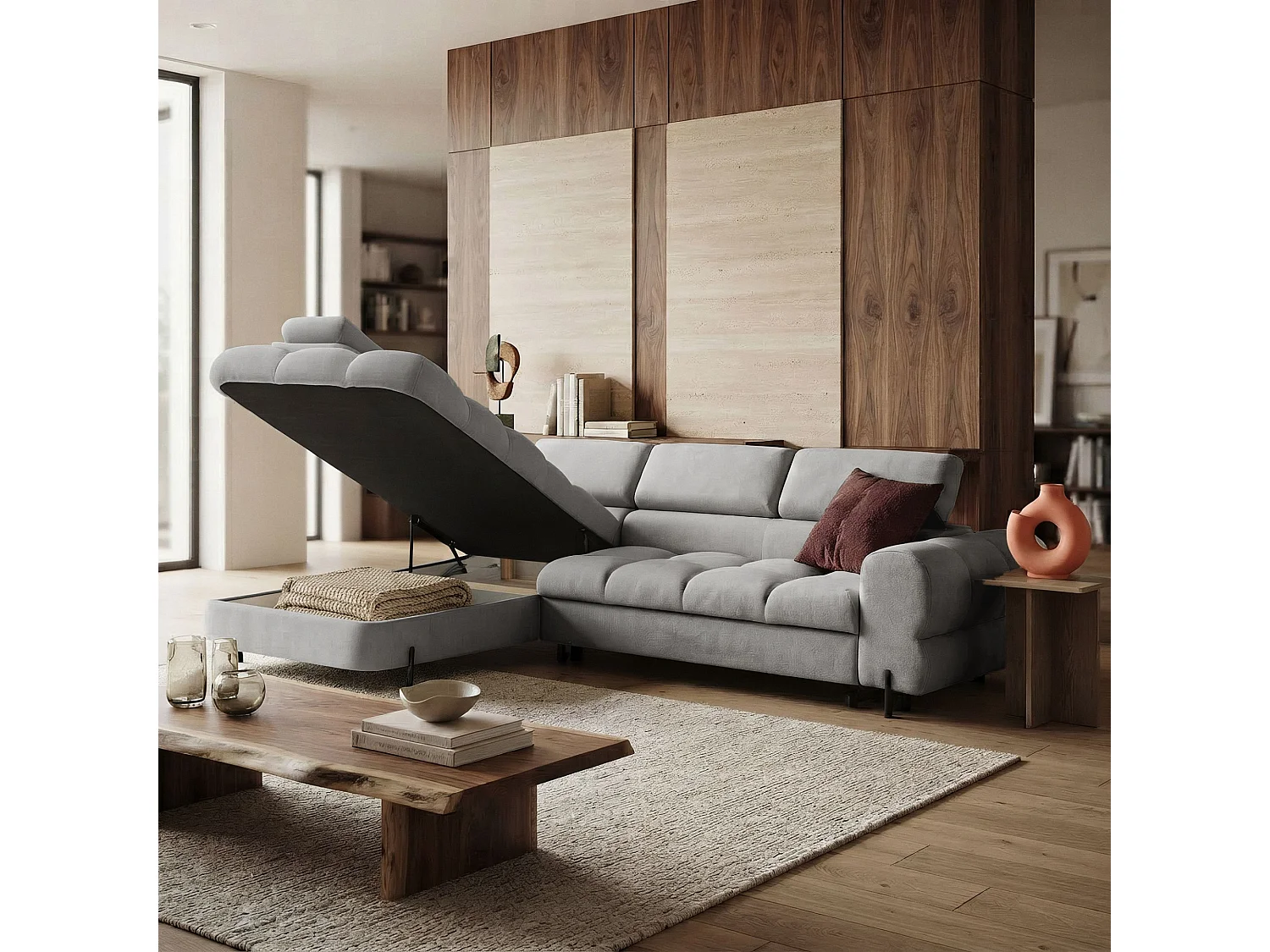 Canapé d'angle BOWL L Gauche avec fonction couchage 125x195 Velours Gris