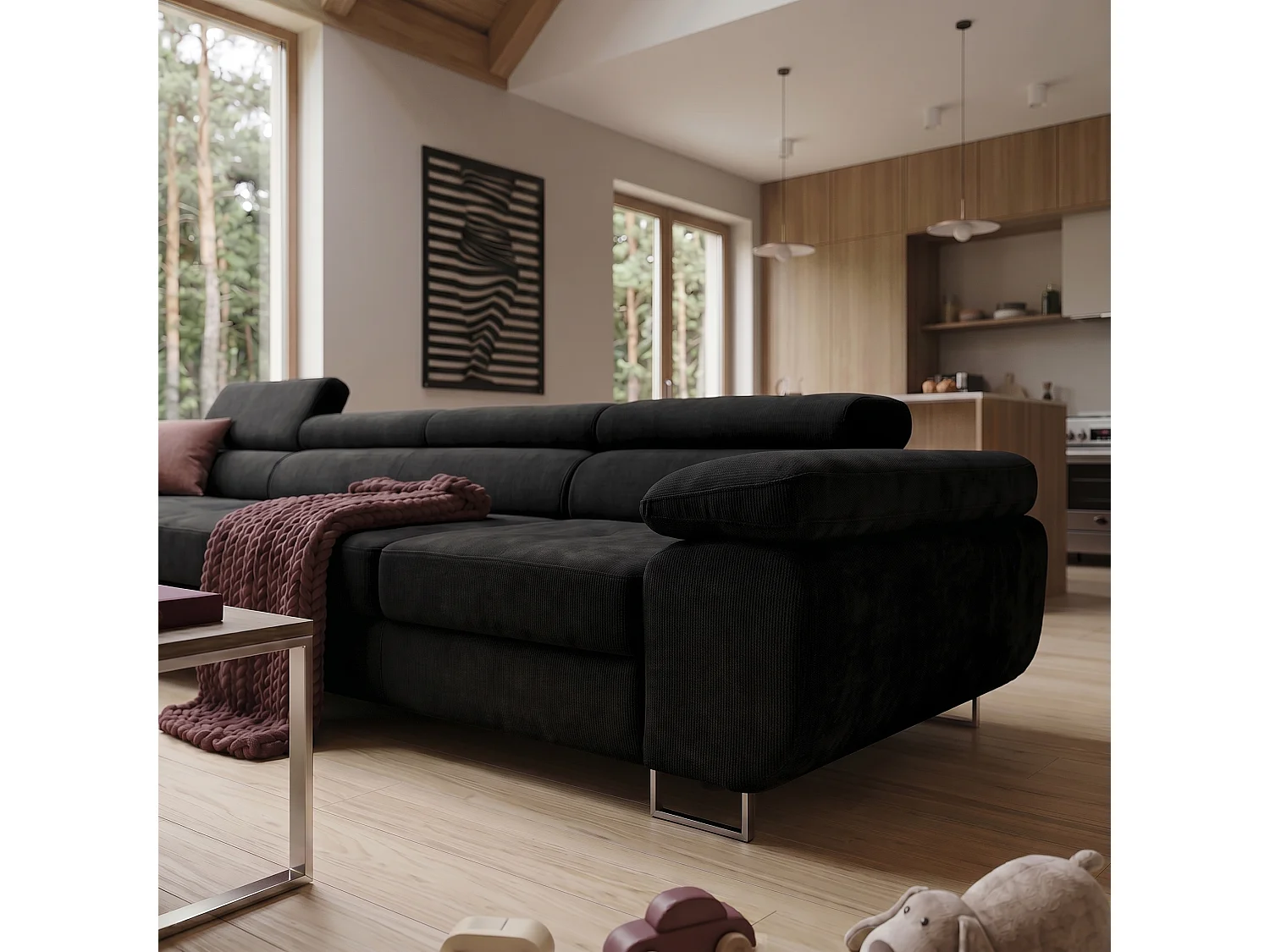 Canapé d'angle ALONZO MAXI Gauche avec fonction couchage 128x210 Chenille Noir