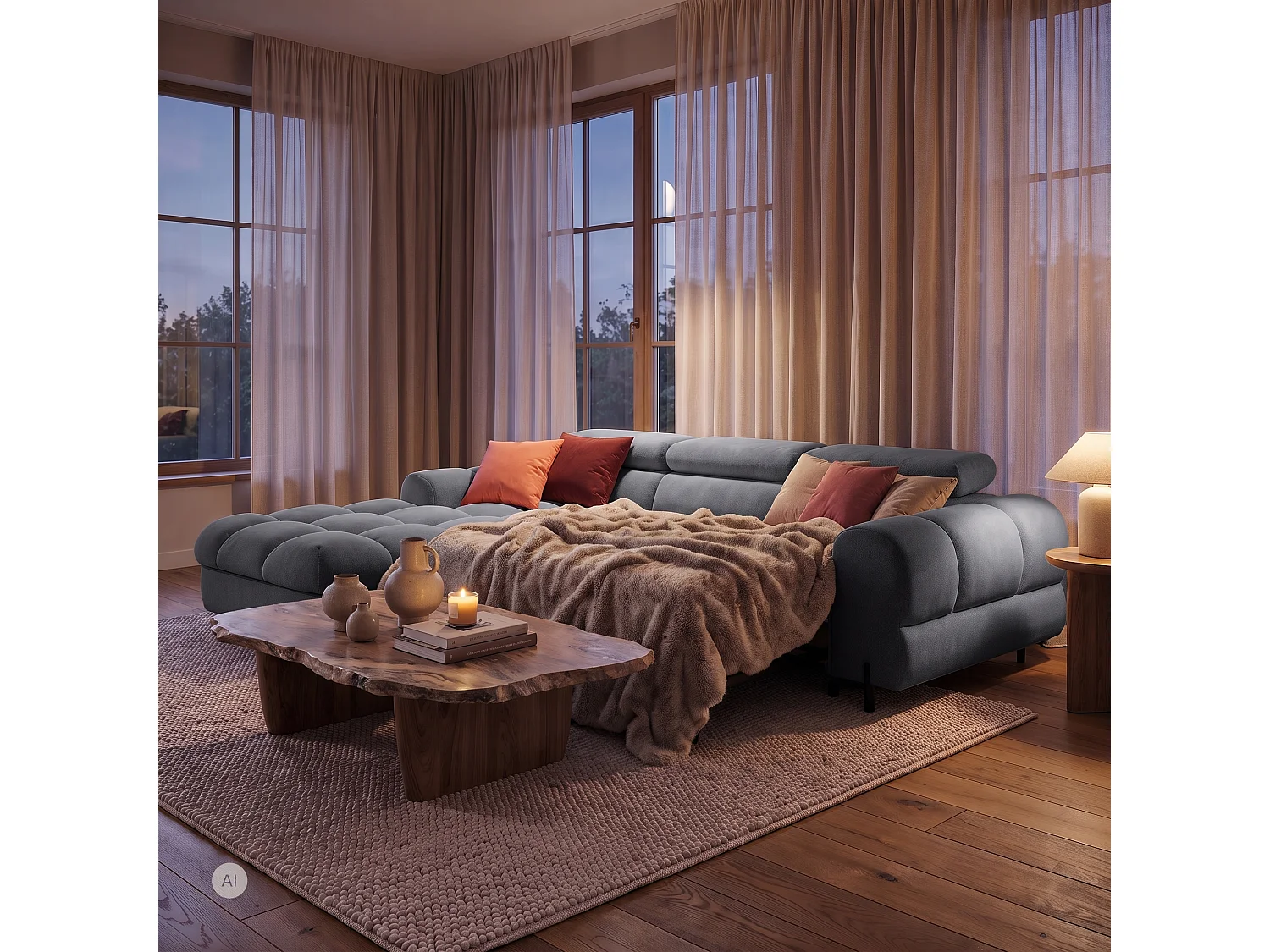 Canapé d’angle UFFO L gauche convertible 260 × 195 cm en velours gris