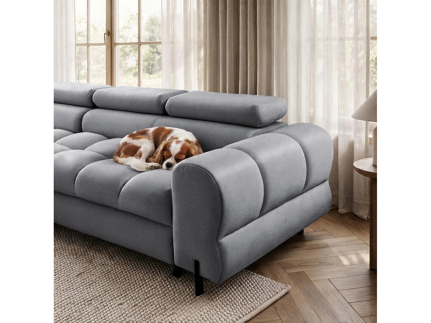 Canapé d’angle UFFO L gauche convertible 260 × 195 cm en velours gris