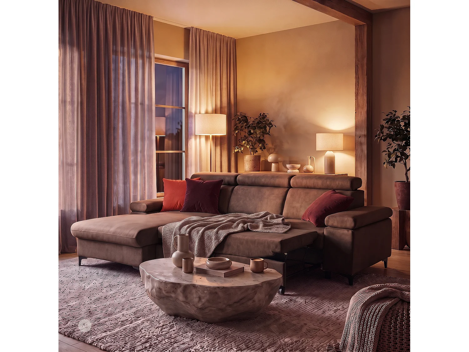 Canapé d’angle MAVIC L gauche avec fonction couchage en velours 126 x 200 cm beige