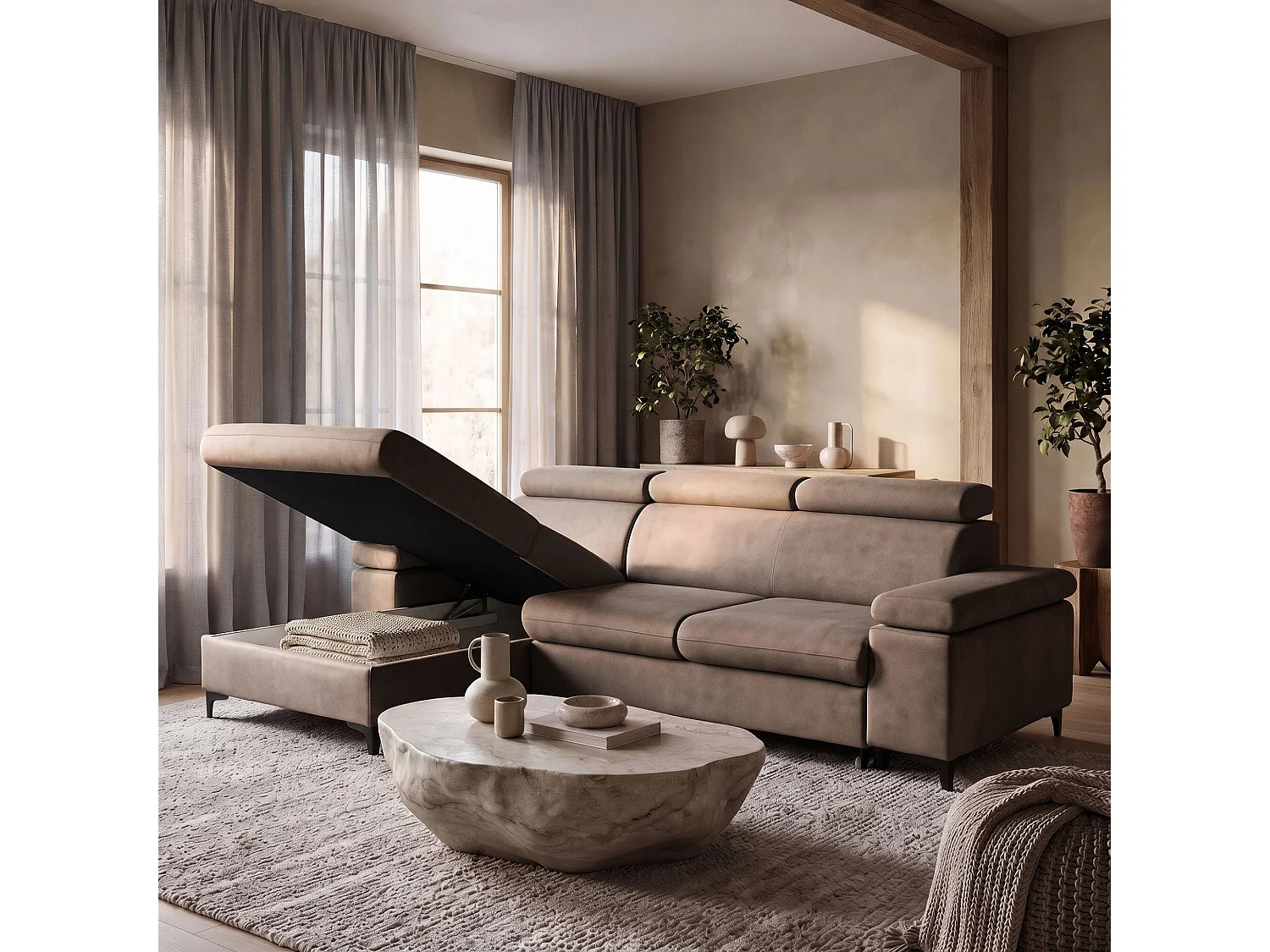 Canapé d’angle MAVIC L gauche avec fonction couchage en velours 126 x 200 cm beige