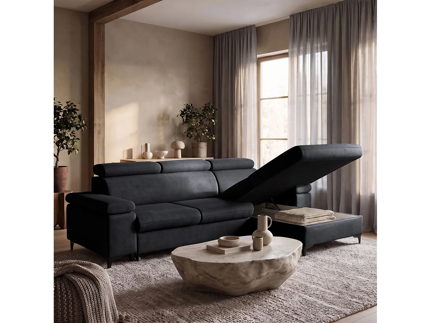 Canapé d’angle MAVIC L droite avec fonction couchage en velours 126 x 200 cm graphite
