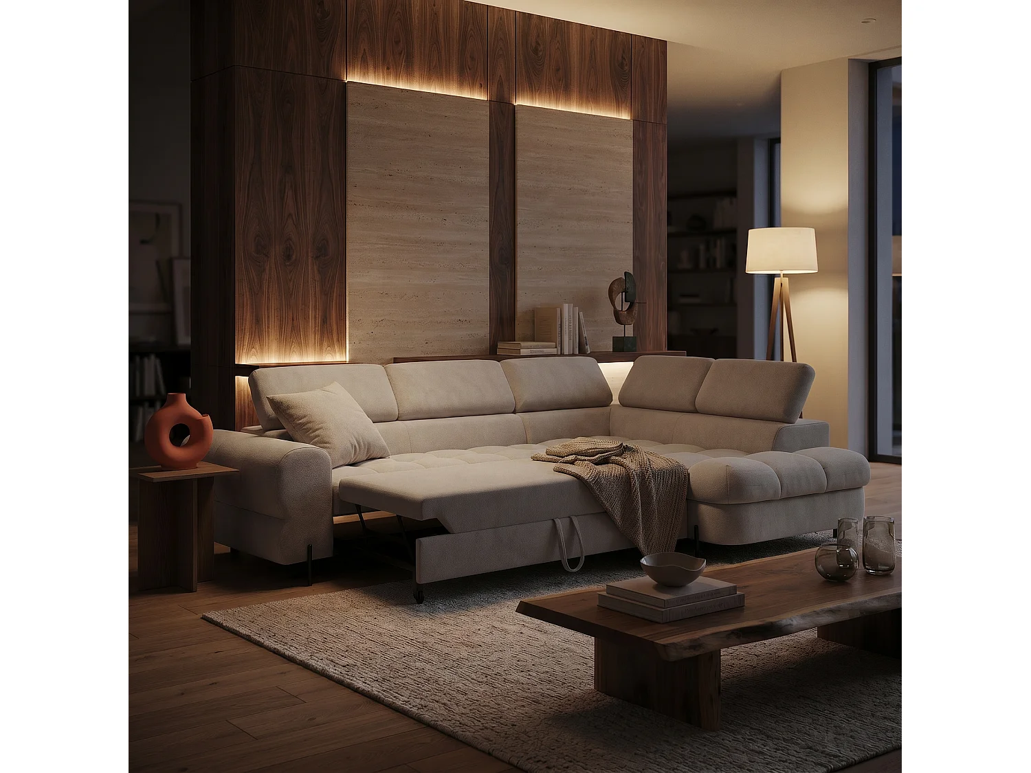 Canapé d'angle BOWL L Droite avec fonction couchage 125x195 Velours Creme