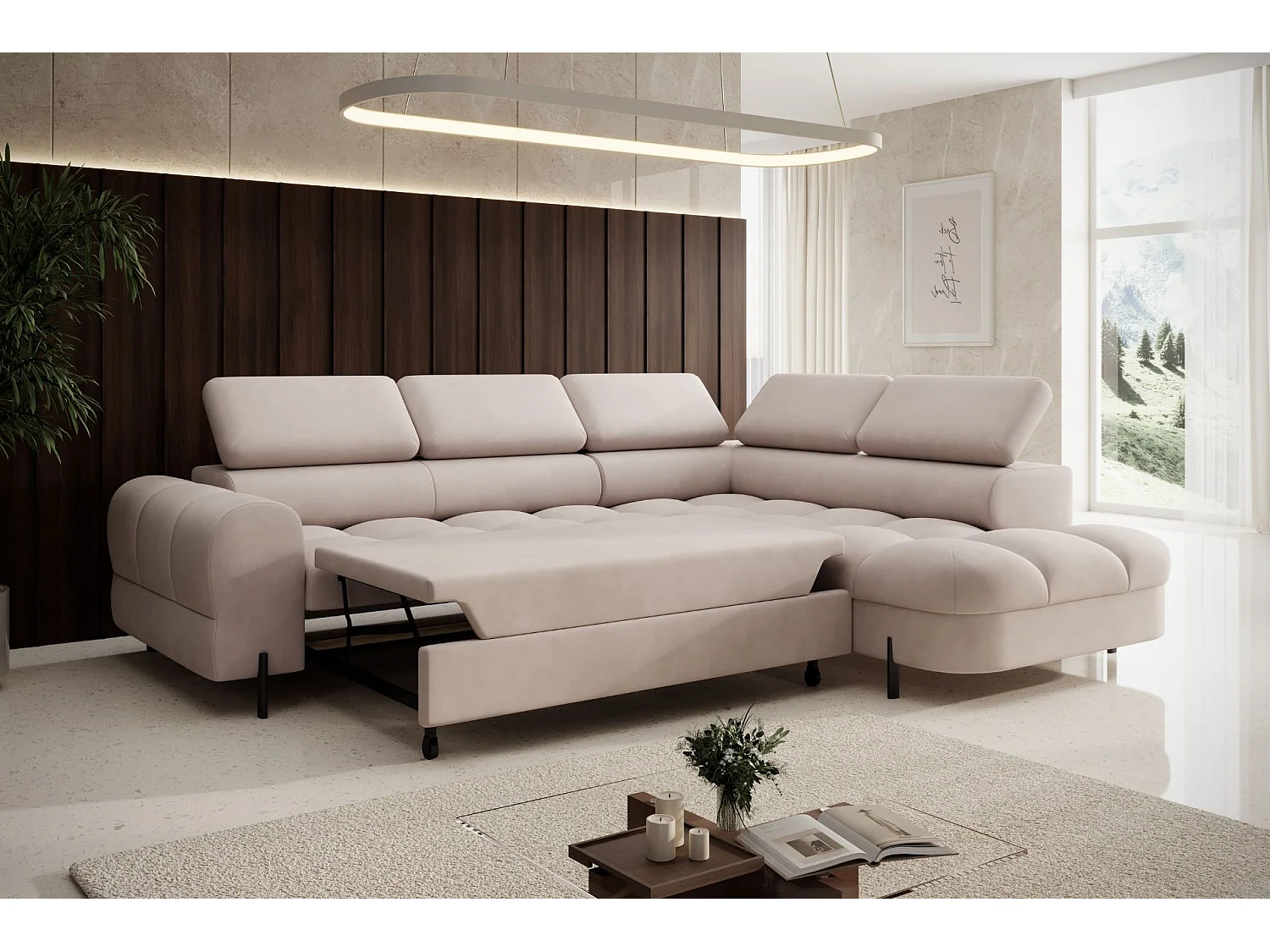 Canapé d'angle BOWL L Droite avec fonction couchage 125x195 Velours Creme