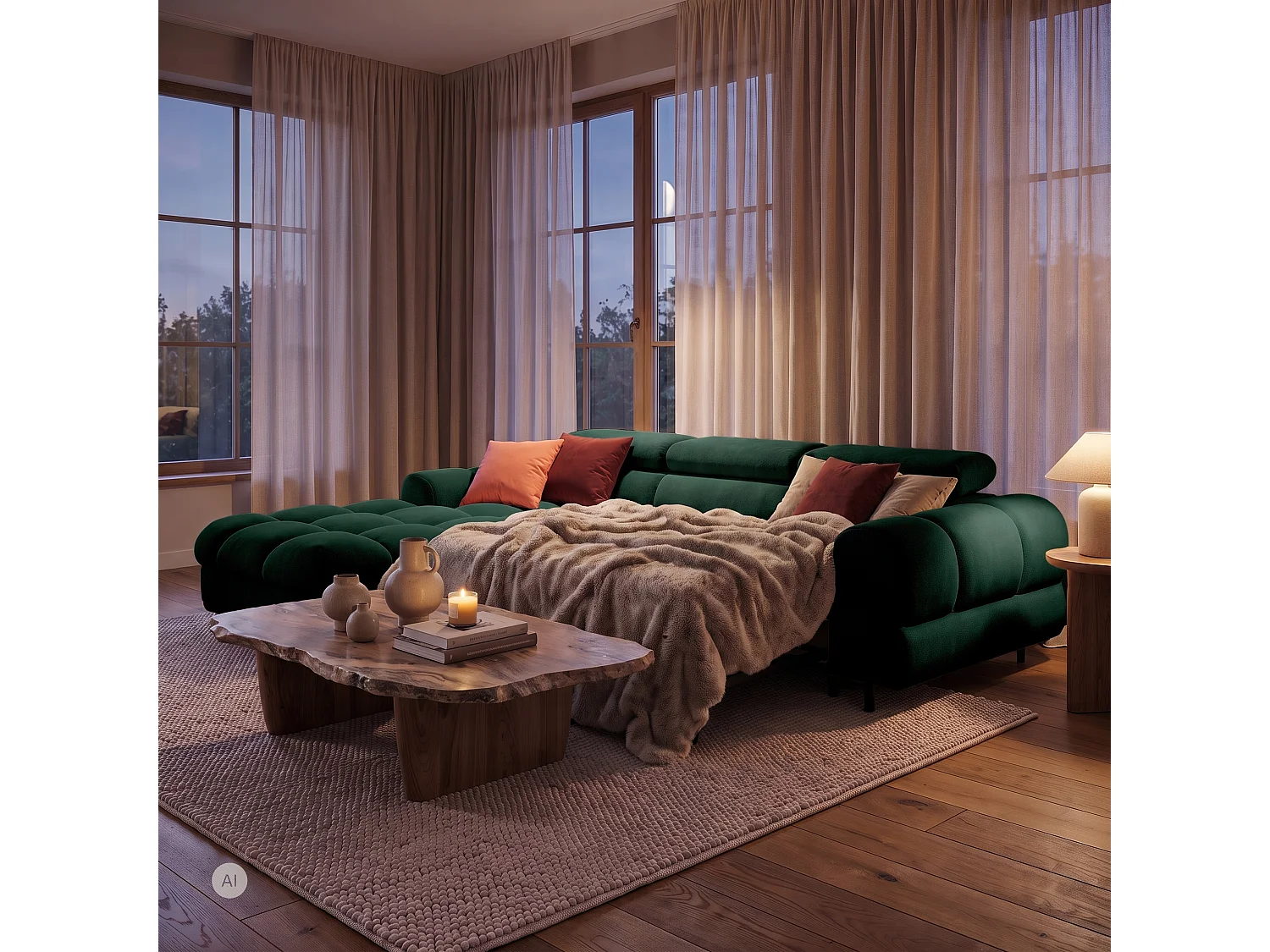 Canapé d’angle UFFO L gauche convertible 260 × 195 cm en velours vert foncé