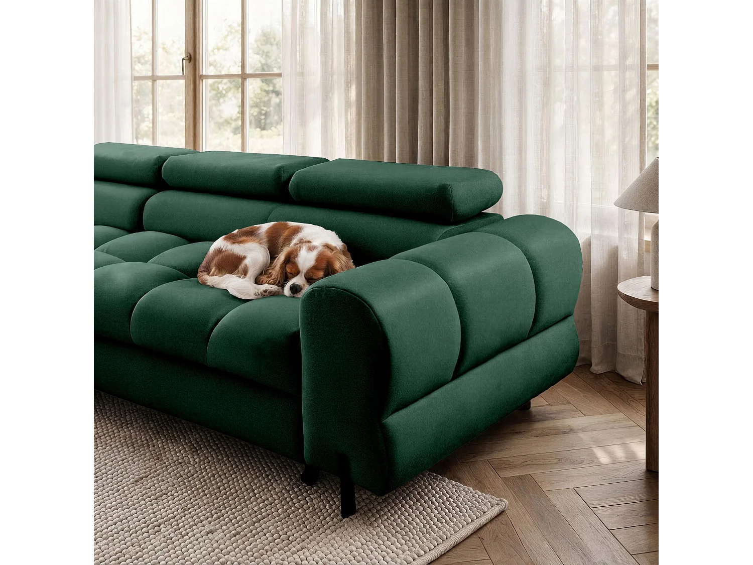 Canapé d’angle UFFO L gauche convertible 260 × 195 cm en velours vert foncé