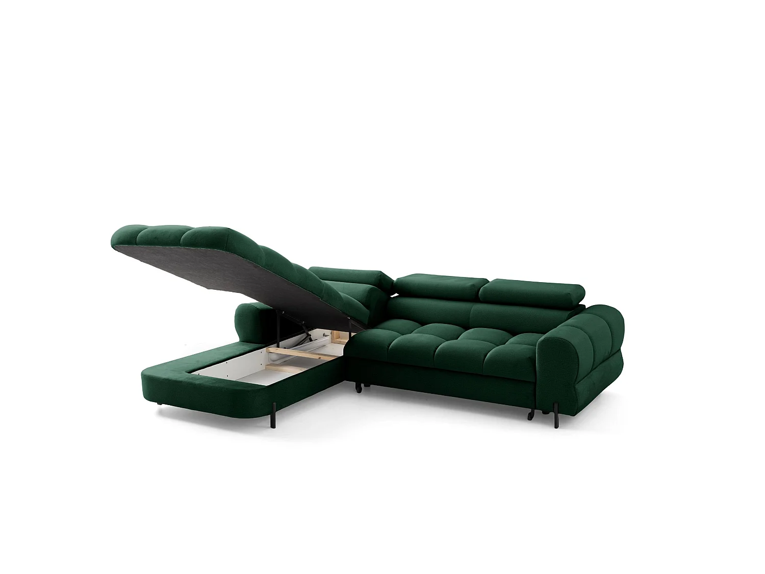 Canapé d’angle UFFO L gauche convertible 260 × 195 cm en velours vert foncé