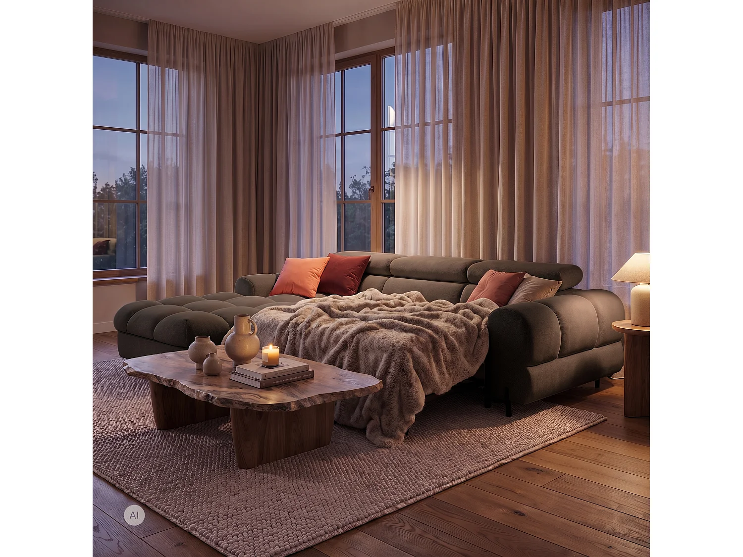 Canapé d’angle UFFO L gauche convertible 260 × 195 cm en velours beige