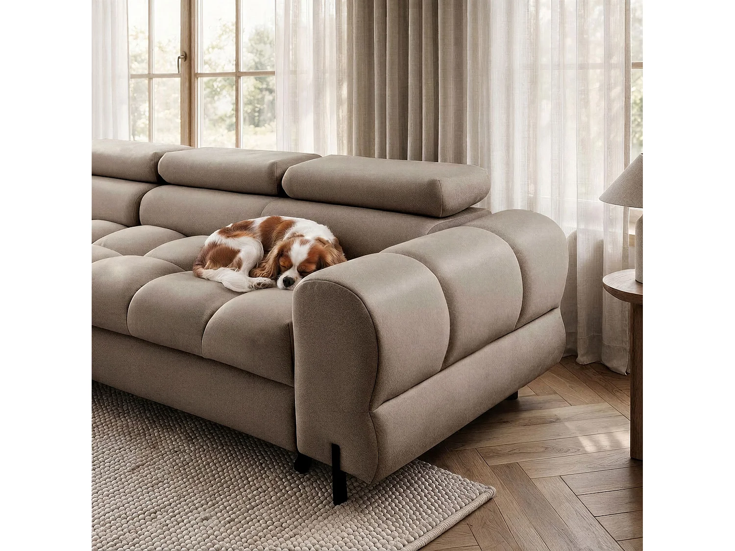 Canapé d’angle UFFO L gauche convertible 260 × 195 cm en velours beige