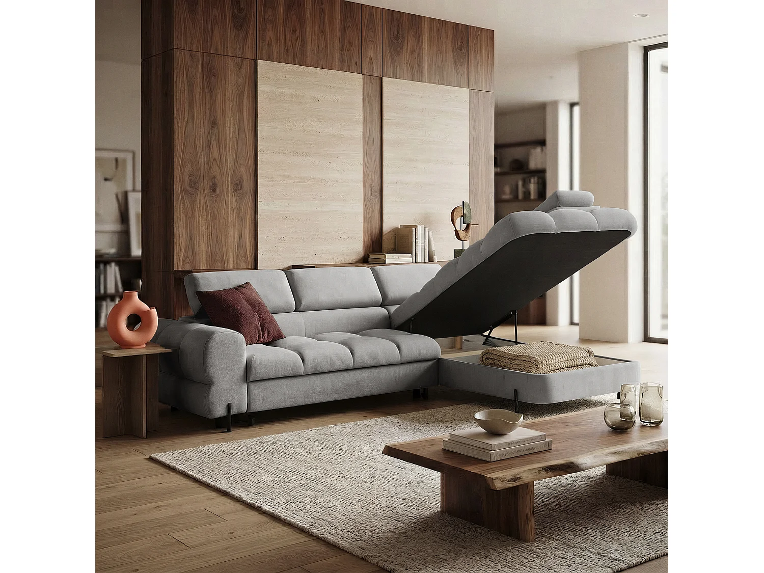 Canapé d'angle BOWL L Droite avec fonction couchage 125x195 Velours Gris