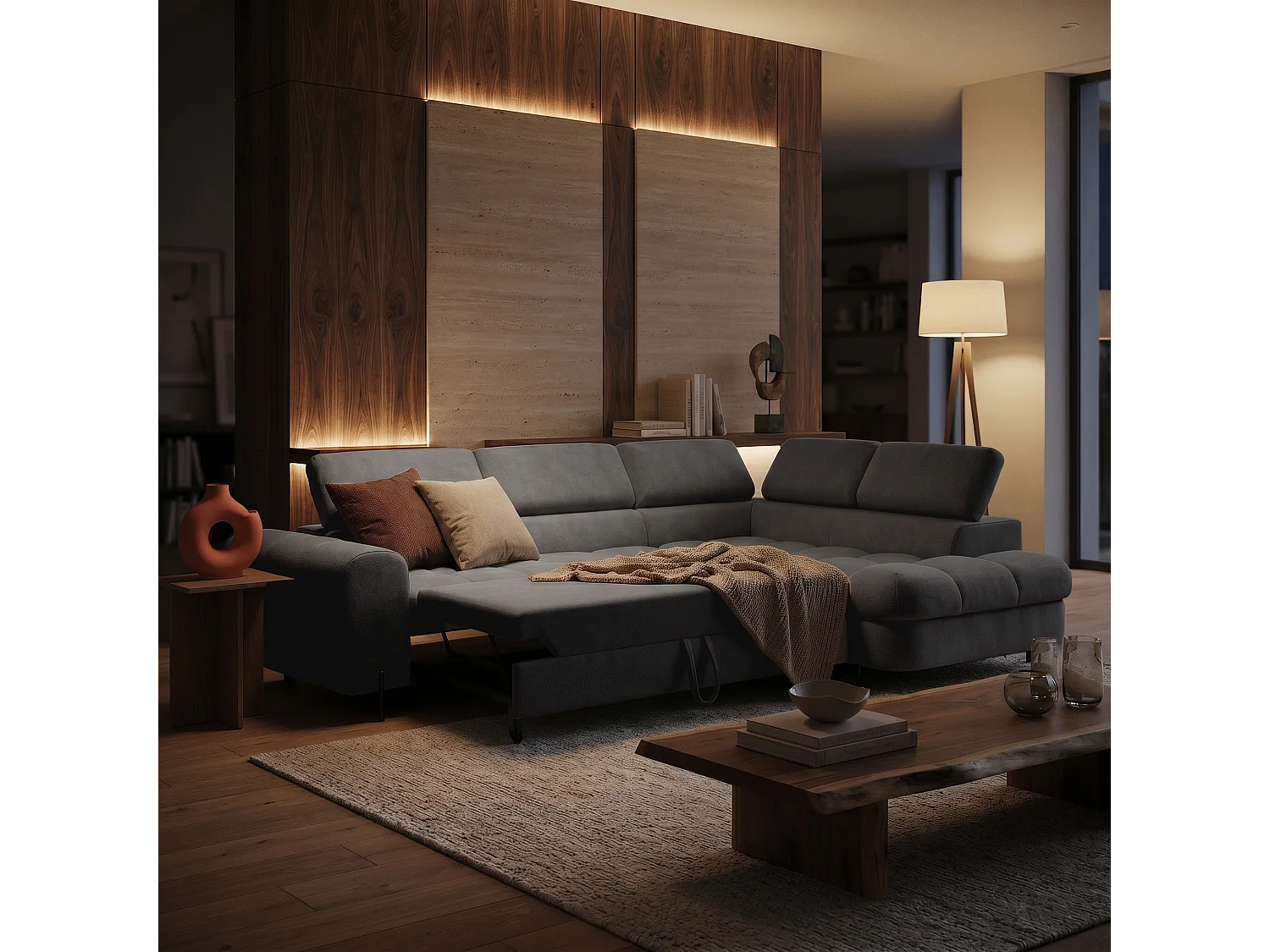Canapé d'angle BOWL L Droite avec fonction couchage 125x195 Velours Gris