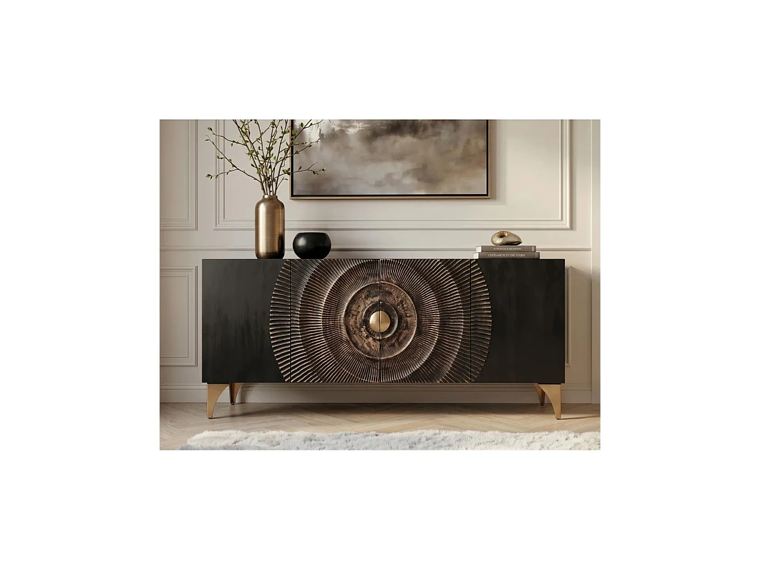 Buffet SOLARIS 177 cm noir et doré en bois massif de manguier – 4 portes sculptées motif solaire