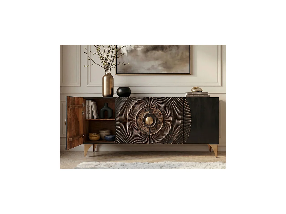 Buffet SOLARIS 177 cm noir et doré en bois massif de manguier – 4 portes sculptées motif solaire