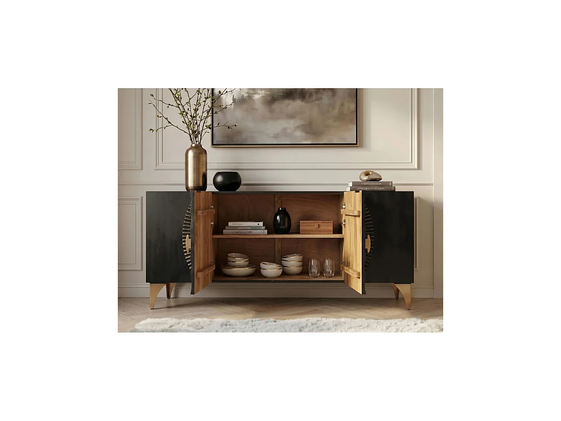 Buffet SOLARIS 177 cm noir et doré en bois massif de manguier – 4 portes sculptées motif solaire