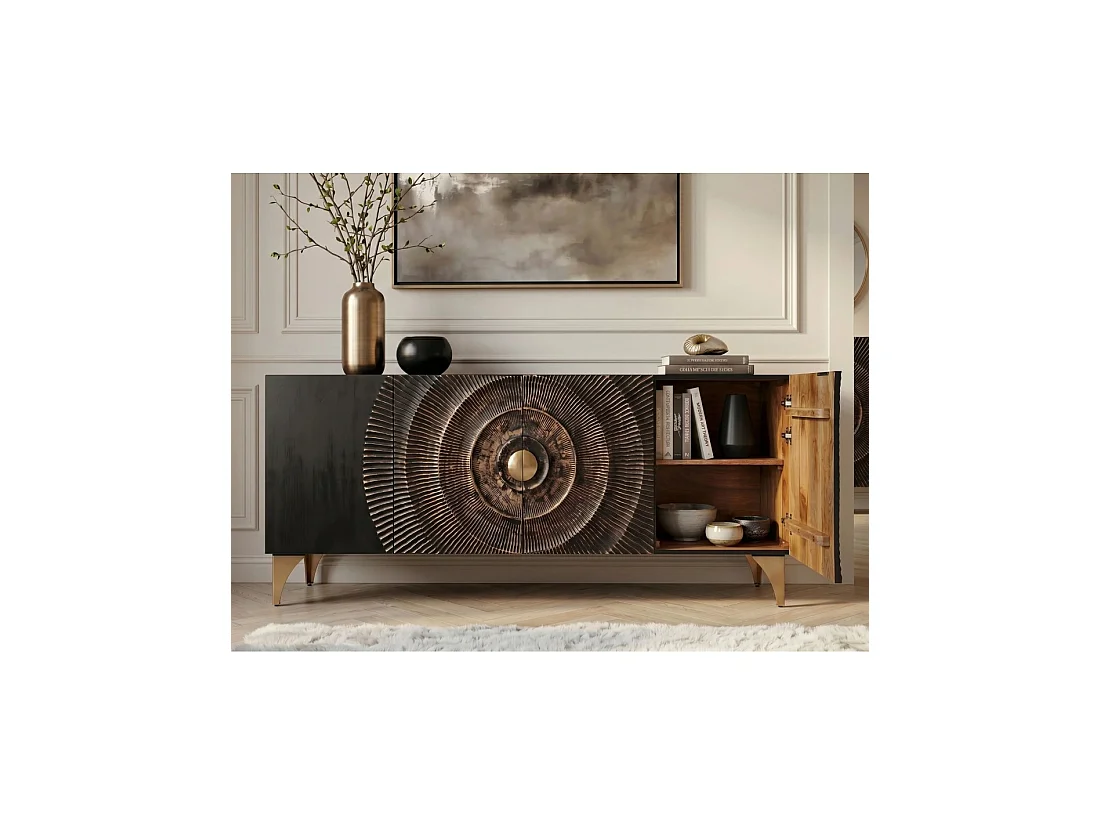 Buffet SOLARIS 177 cm noir et doré en bois massif de manguier – 4 portes sculptées motif solaire
