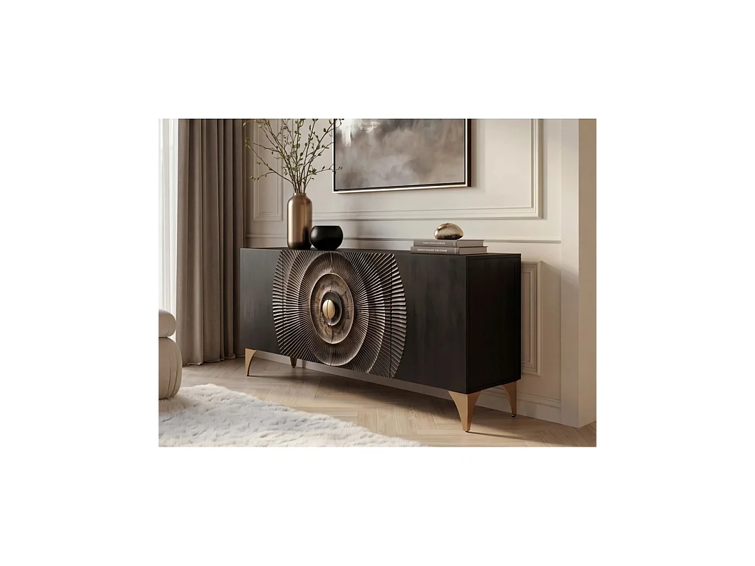 Buffet SOLARIS 177 cm noir et doré en bois massif de manguier – 4 portes sculptées motif solaire