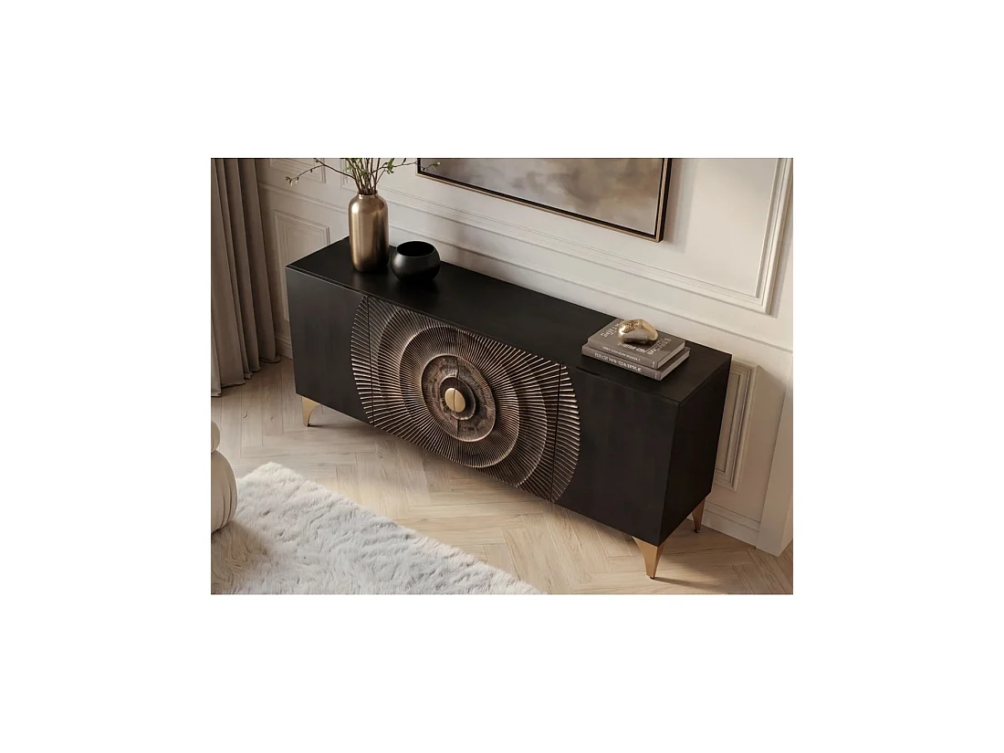 Buffet SOLARIS 177 cm noir et doré en bois massif de manguier – 4 portes sculptées motif solaire