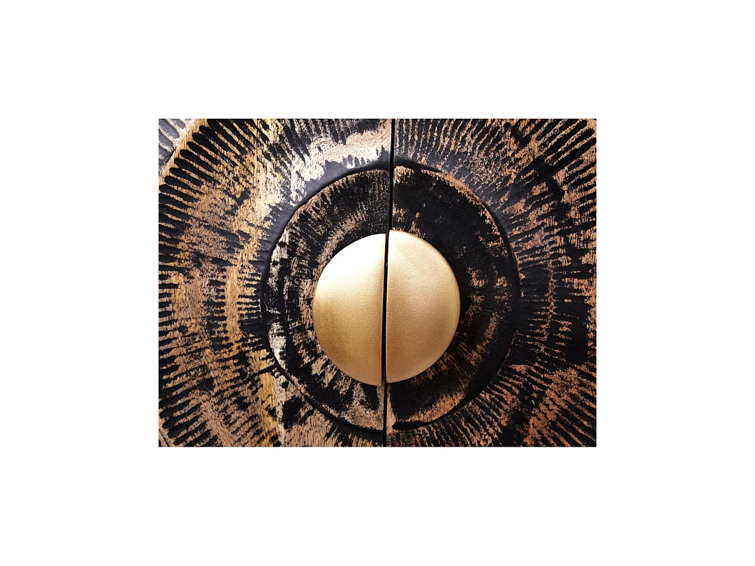 Buffet SOLARIS 177 cm noir et doré en bois massif de manguier – 4 portes sculptées motif solaire