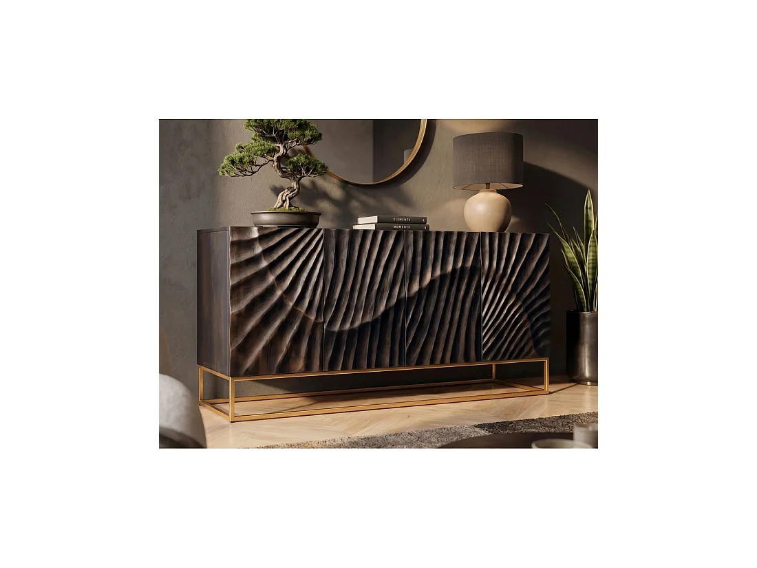 Buffet SILVA 177 cm in massief zwart mangohout met gesneden – 4 deuren en gouden onderstel