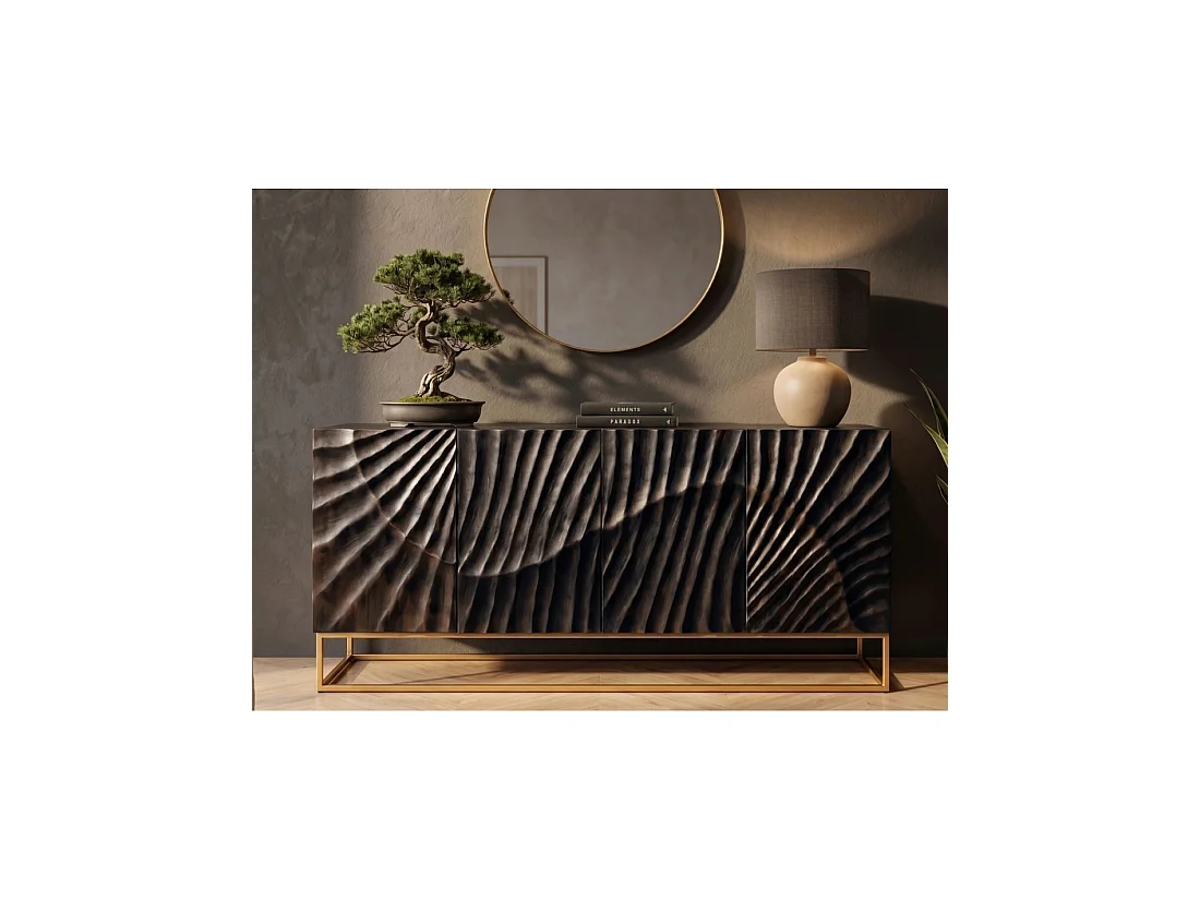 Buffet SILVA 177 cm in massief zwart mangohout met gesneden – 4 deuren en gouden onderstel