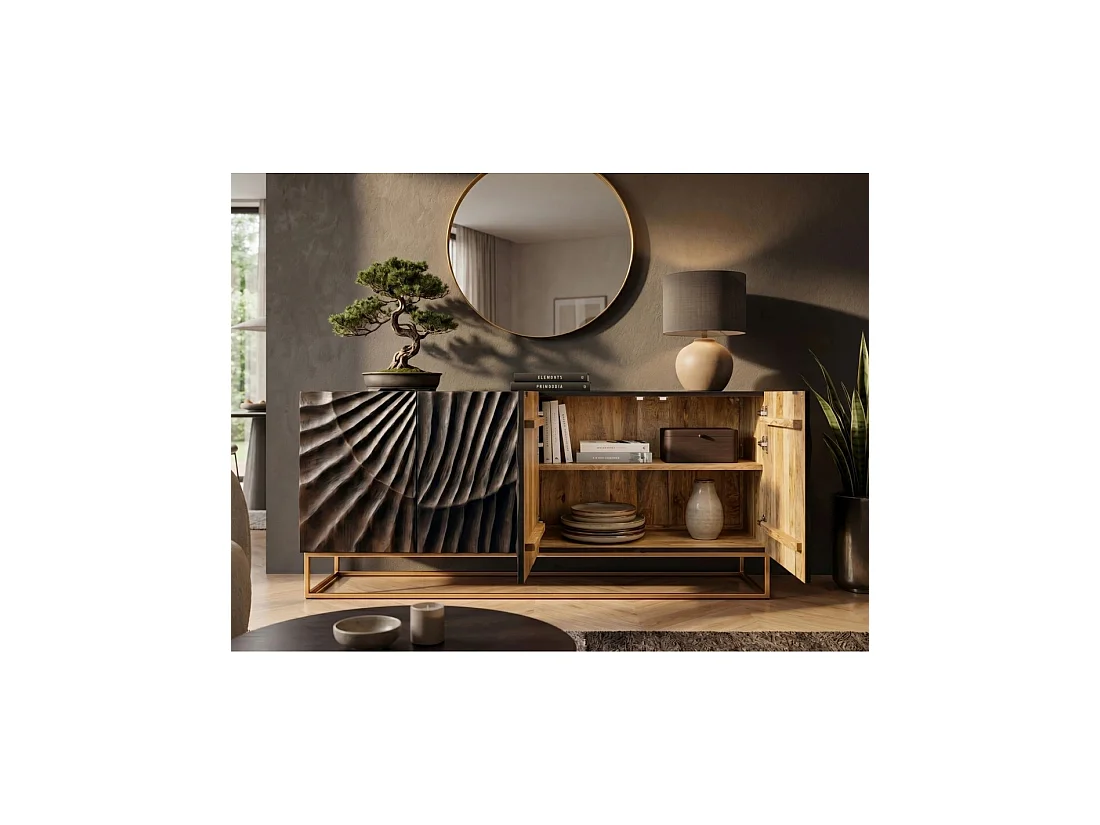 Buffet SILVA 177 cm in massief zwart mangohout met gesneden – 4 deuren en gouden onderstel