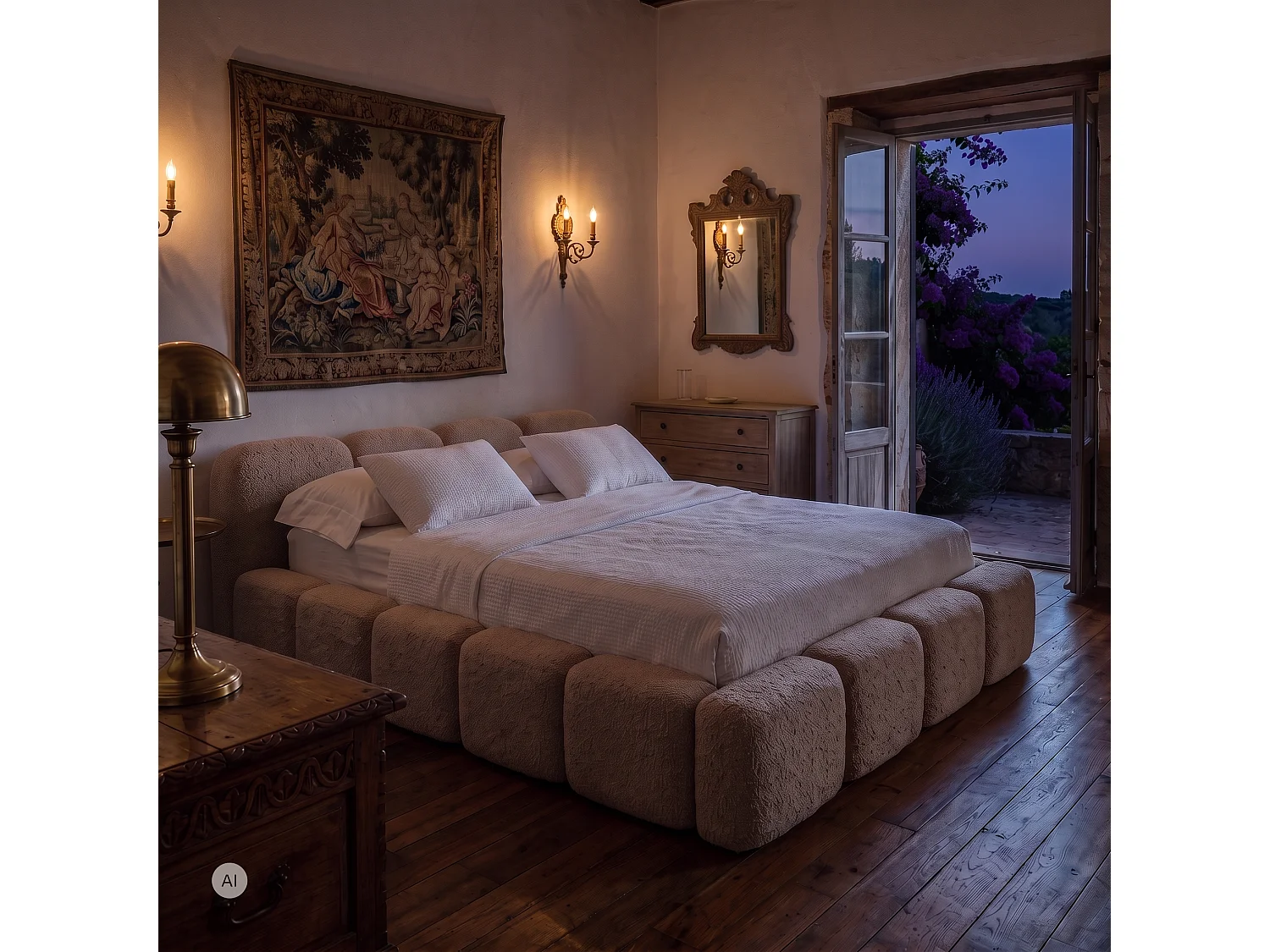 Lit rembourré SUENO 140 × 200 cm beige, tête de lit capitonnée, sommier métallique, coffre de rangement, tissu bouclé