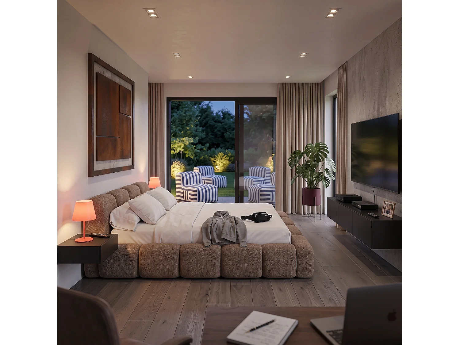 Lit capitonné SUENO 160x200 cm beige, tête de lit capitonnée, sommier à lattes métalliques, coffre de lit, tissu chenille