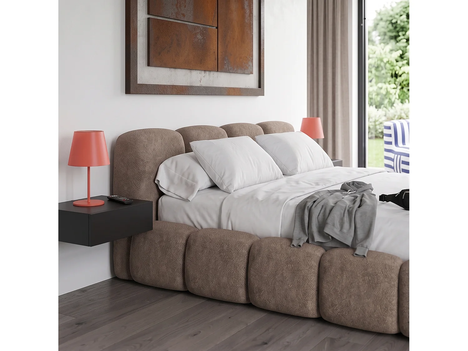 Lit capitonné SUENO 160x200 cm beige, tête de lit capitonnée, sommier à lattes métalliques, coffre de lit, tissu chenille