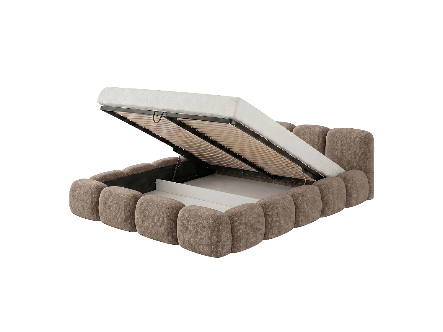 Lit capitonné SUENO 160x200 cm beige, tête de lit capitonnée, sommier à lattes métalliques, coffre de lit, tissu chenille
