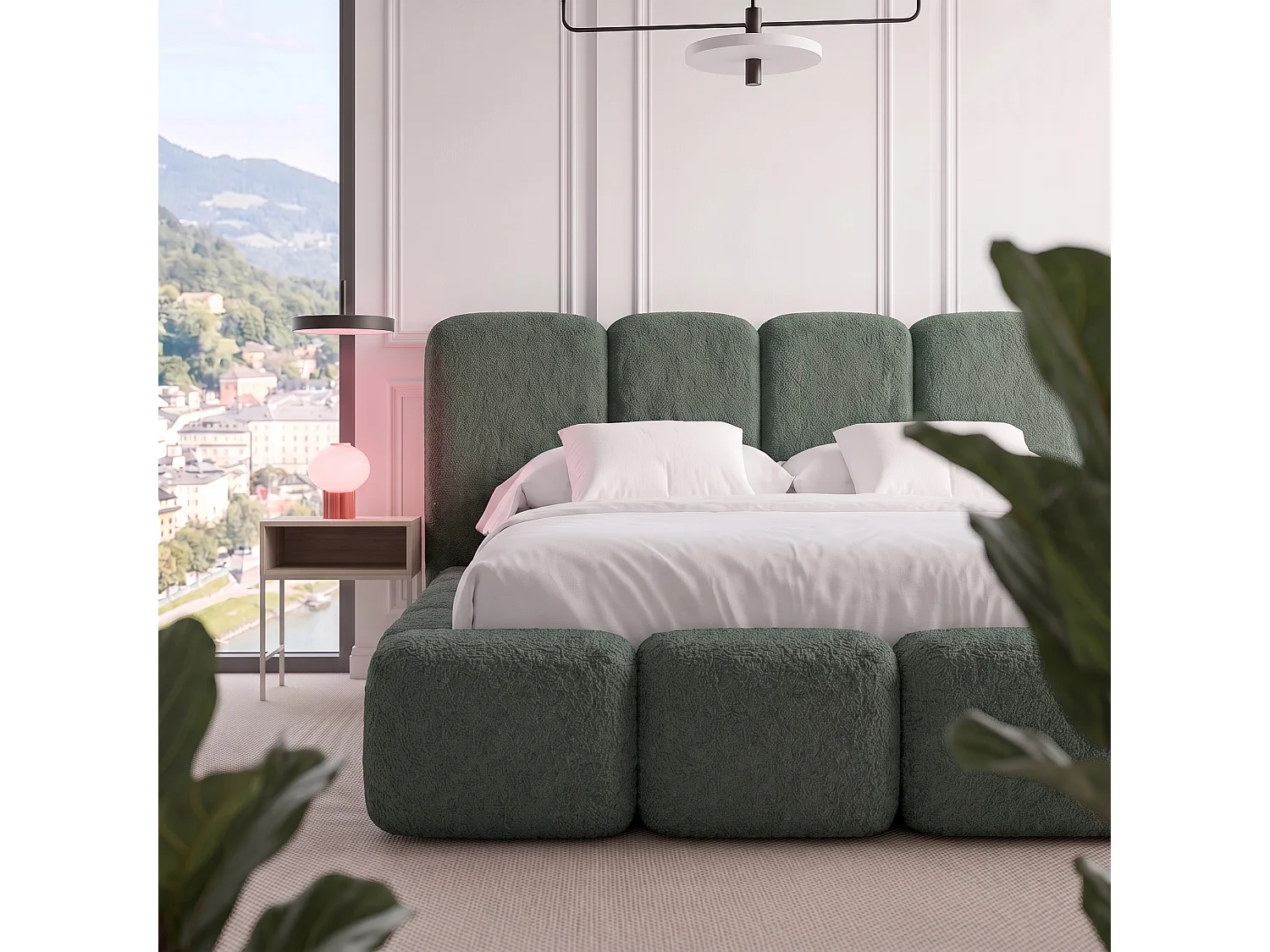 Lit rembourré SUENO MAXI  avec matelas 180 × 200 cm vert, tête de lit capitonnée, sommier métallique, coffre de rangement, tissu bouclé