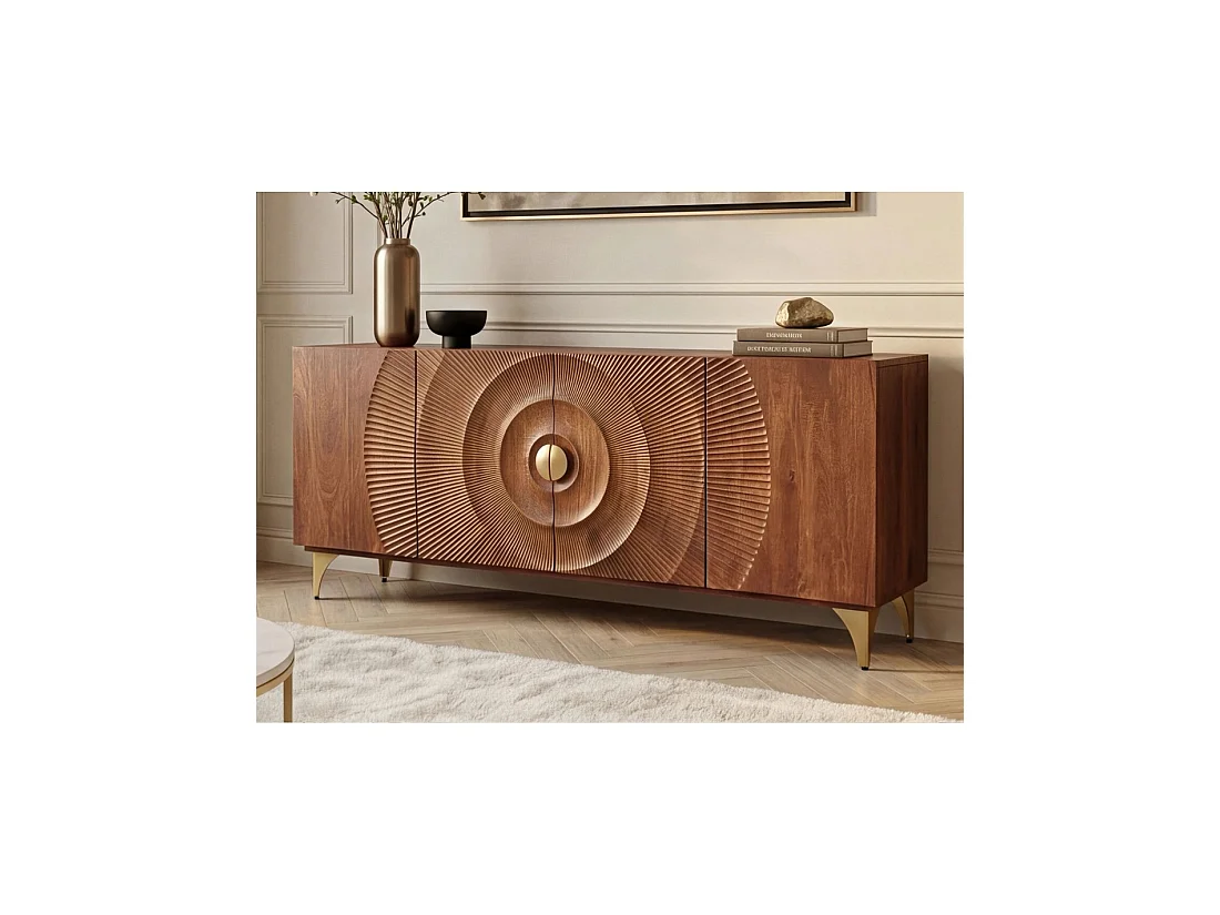 Buffet SOLARIS 177 cm en bois massif de manguier – 4 portes sculptées motif solaire et pieds dorés