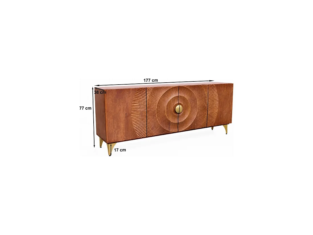 Buffet SOLARIS 177 cm en bois massif de manguier – 4 portes sculptées motif solaire et pieds dorés