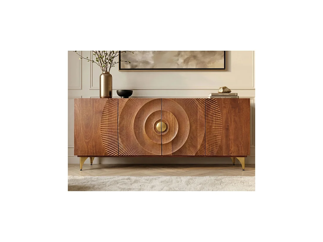 Buffet SOLARIS 177 cm en bois massif de manguier – 4 portes sculptées motif solaire et pieds dorés