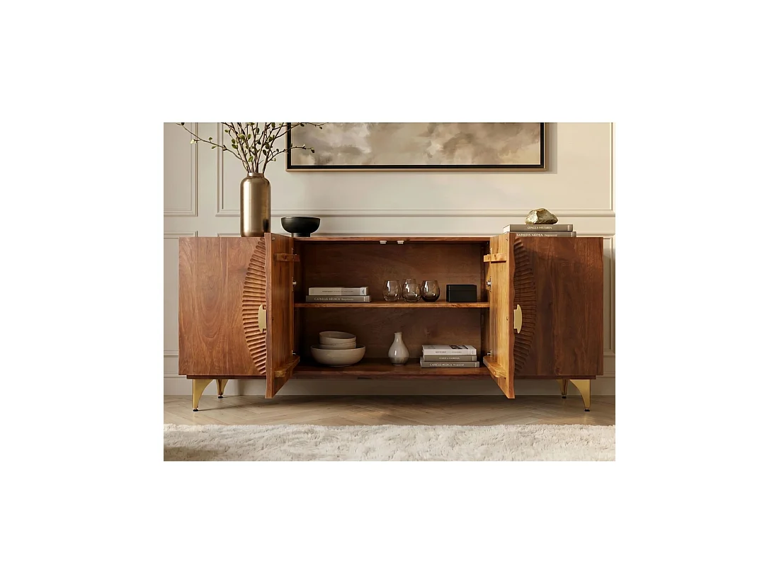 Buffet SOLARIS 177 cm en bois massif de manguier – 4 portes sculptées motif solaire et pieds dorés