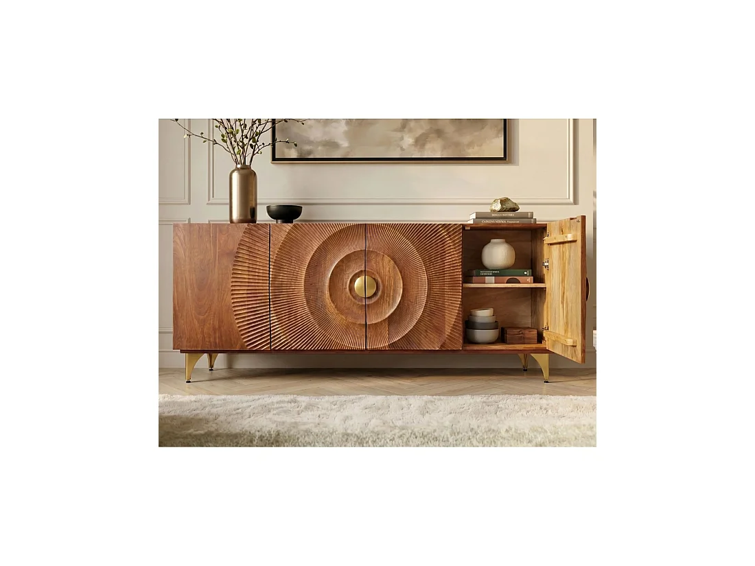 Buffet SOLARIS 177 cm en bois massif de manguier – 4 portes sculptées motif solaire et pieds dorés