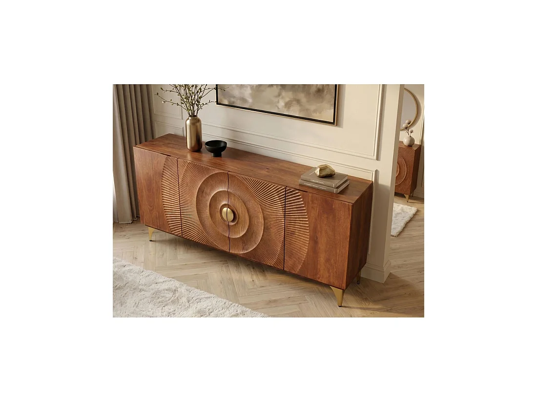 Buffet SOLARIS 177 cm en bois massif de manguier – 4 portes sculptées motif solaire et pieds dorés