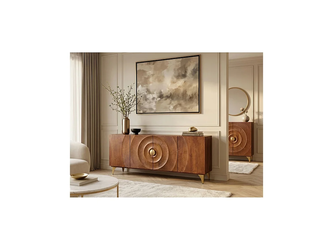 Buffet SOLARIS 177 cm en bois massif de manguier – 4 portes sculptées motif solaire et pieds dorés