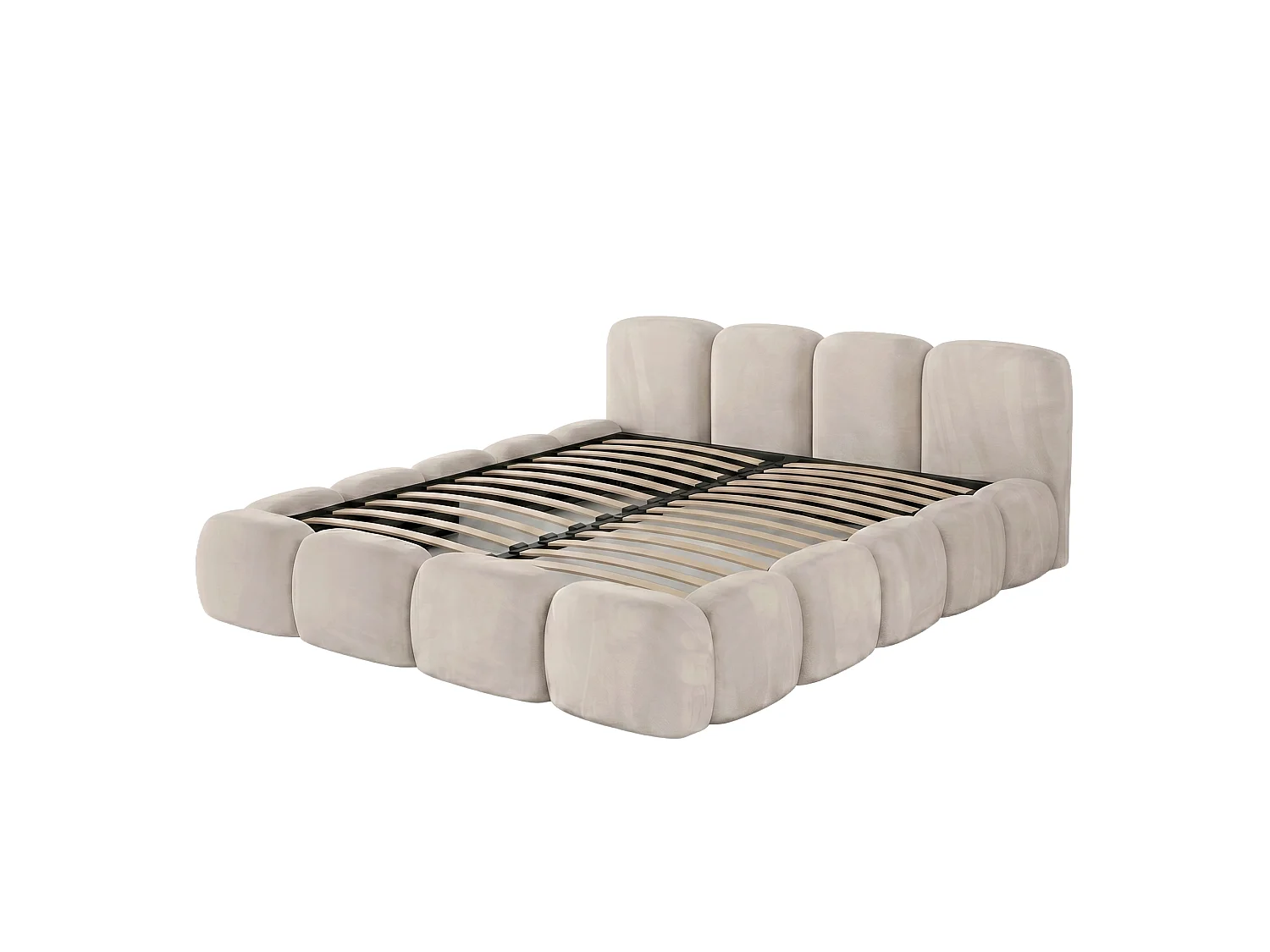 Lit rembourré SUENO 140 × 200 cm gris clair, tête de lit capitonnée, sommier métallique, coffre de rangement, tissu velours