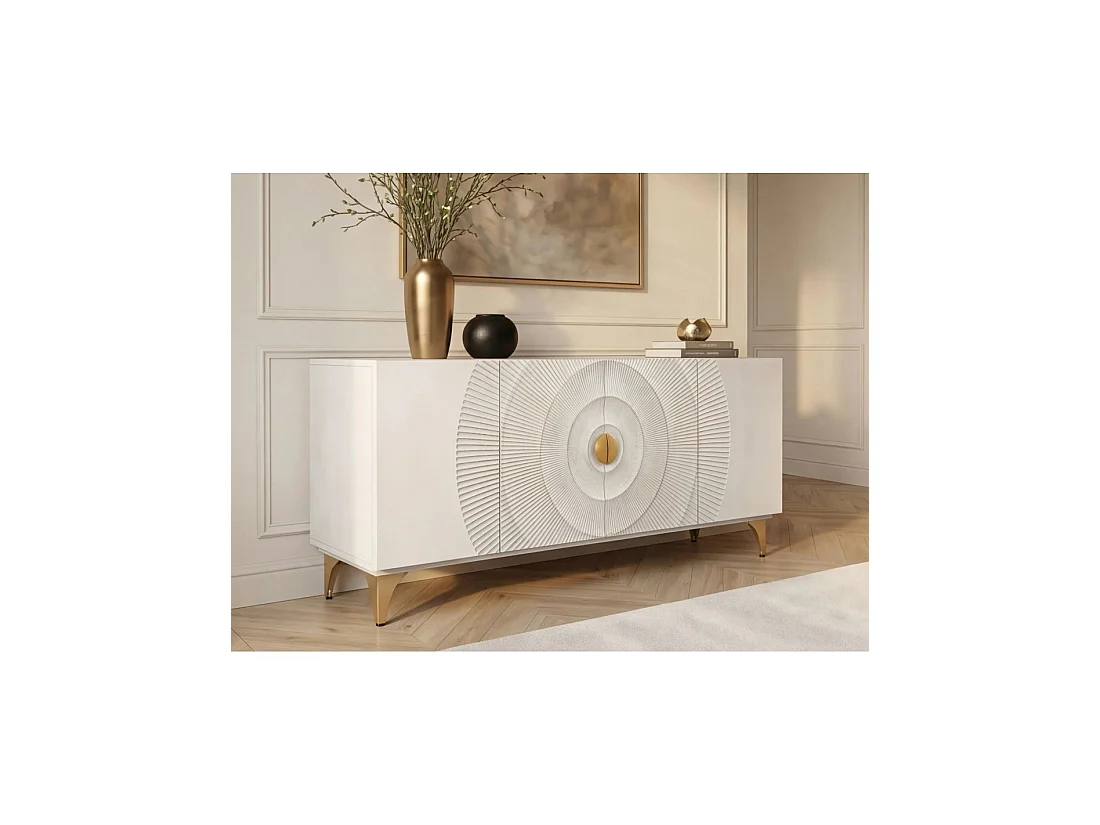Buffet SOLARIS 177 cm blanc et doré – 4 portes sculptées motif solaire en bois de manguier