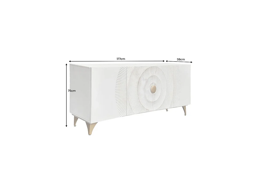 Buffet SOLARIS 177 cm blanc et doré – 4 portes sculptées motif solaire en bois de manguier