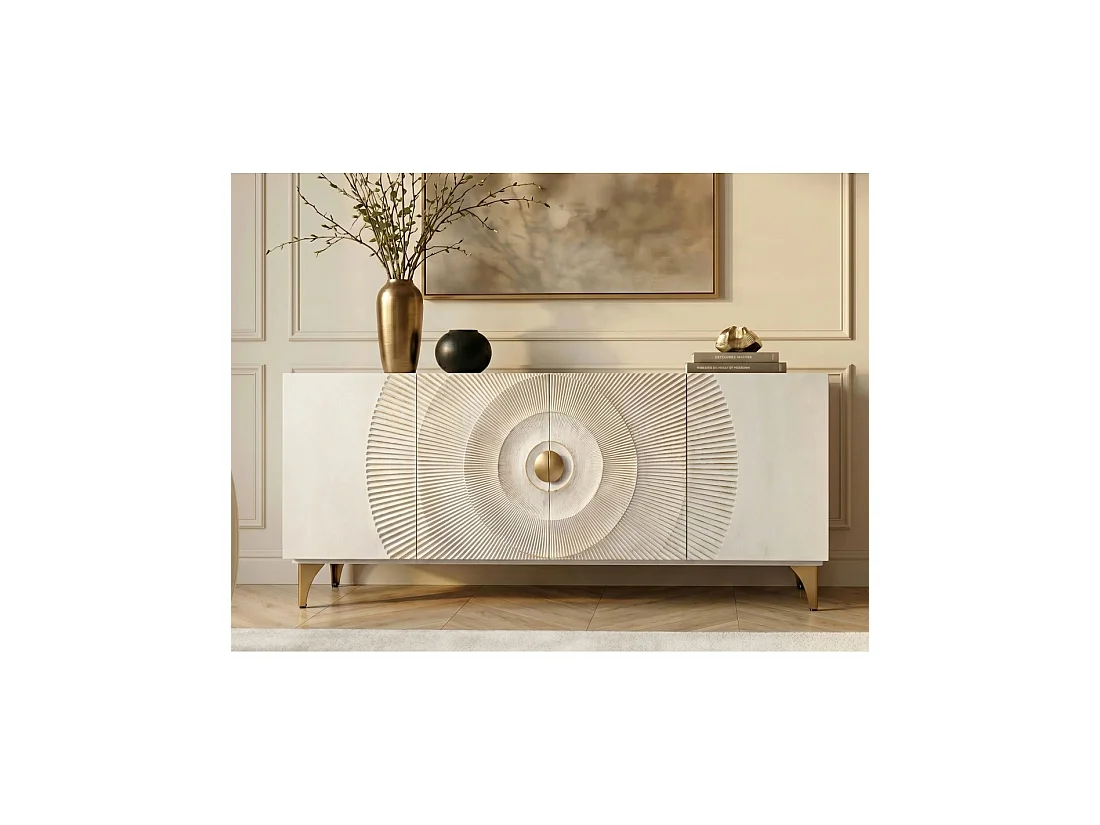 Buffet SOLARIS 177 cm blanc et doré – 4 portes sculptées motif solaire en bois de manguier