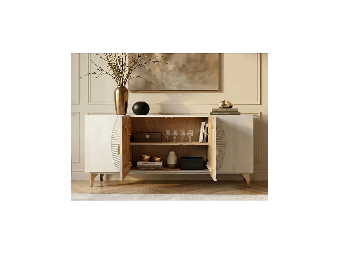 Buffet SOLARIS 177 cm blanc et doré – 4 portes sculptées motif solaire en bois de manguier
